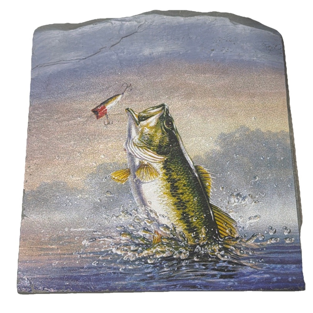 Vtg Jumping Bass Fish Lure Painted Slate Tile Art 8"x7"